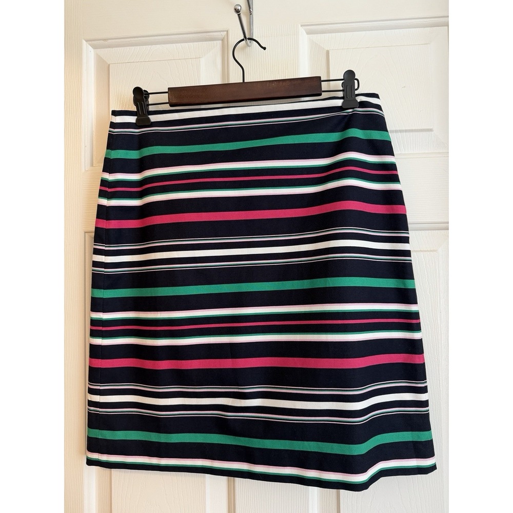 Talbots Women's Striped Knit Pencil Skirt Lined Stretch Knee Navy Green 8